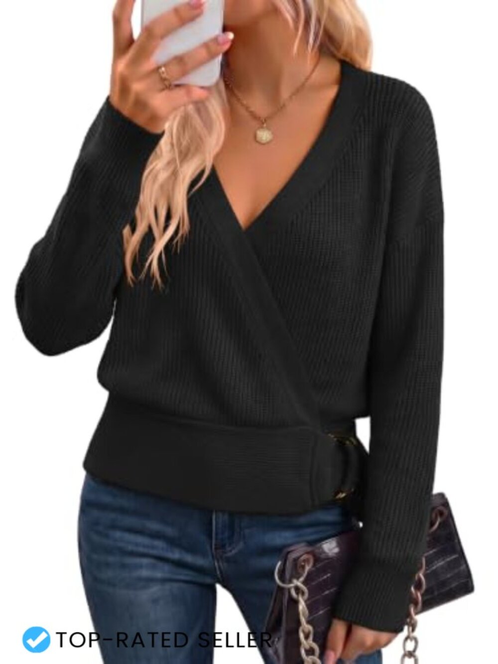 Wrap V Neck Belted Sweater Dressy Casual Long Sleeve Pullover